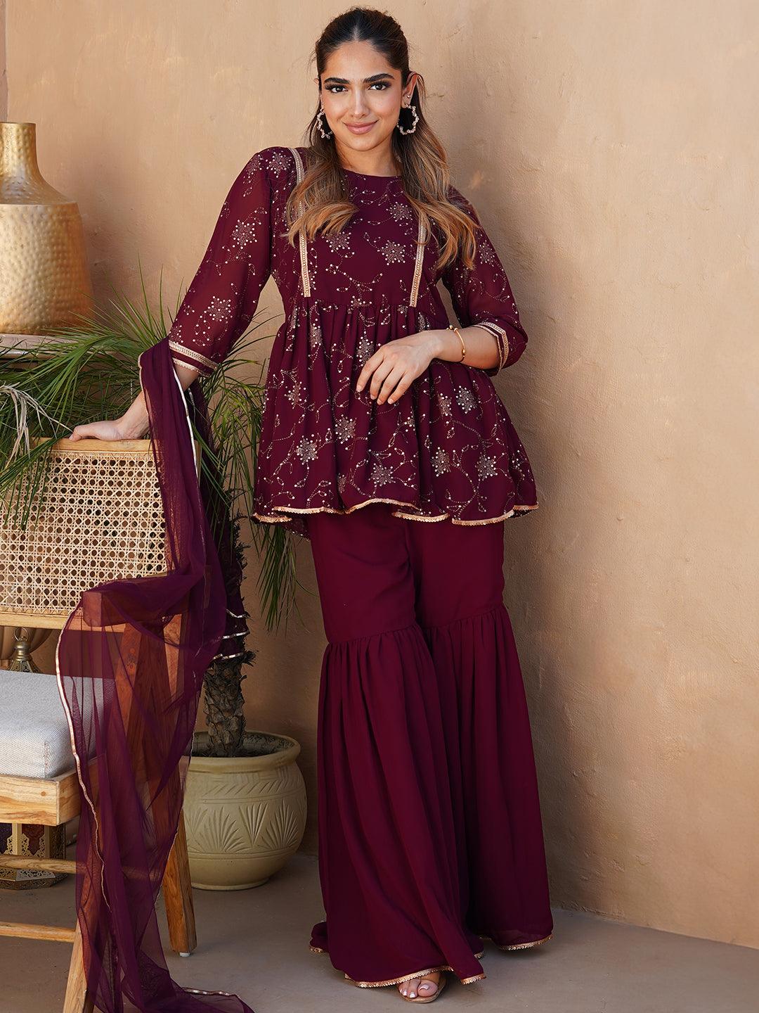 Wine Embroidered Georgette A-Line Sharara Suit Set With Dupatta