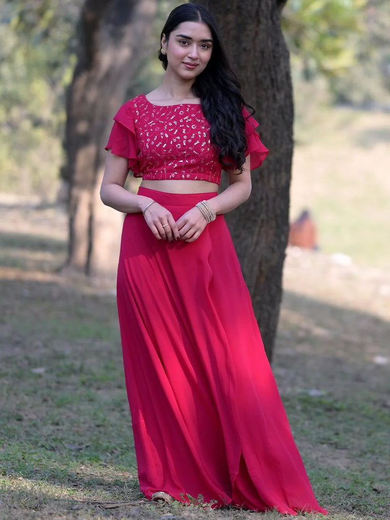 Libas Pink Embroidered Georgette Lehenga Set