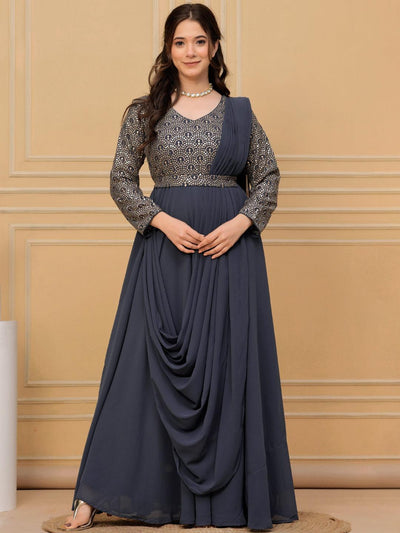 Grey Embroidered Georgette Gown Dress - Libas