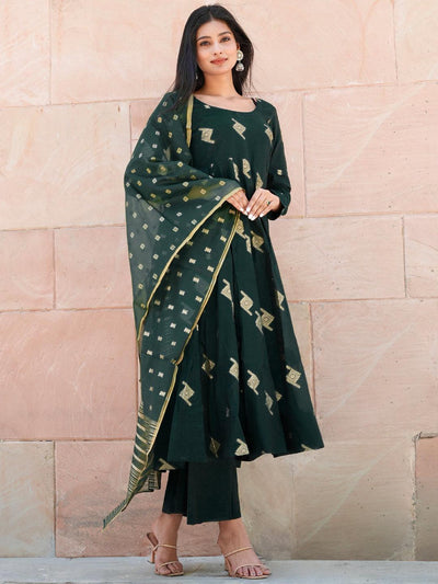 Green Woven Design Chanderi Silk Anarkali Suit With Dupatta - Libas