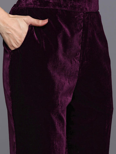 Wine Solid Velvet Straight Suit With Dupatta - Libas