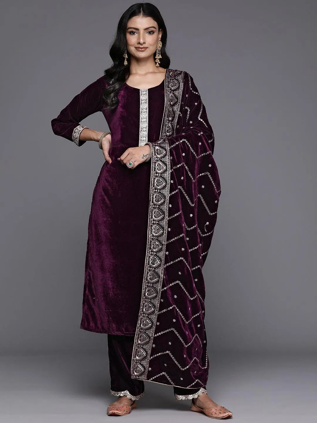Wine Solid Velvet Straight Suit With Dupatta - Libas