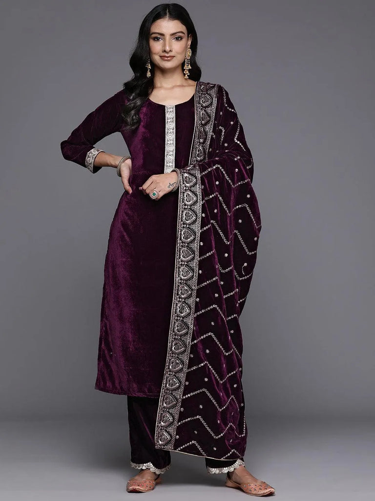 Libas Wine Solid Velvet Straight Suit With Dupatta