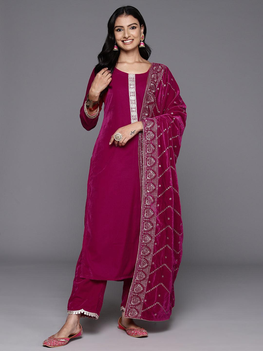 Pink Yoke Design Velvet Straight Suit With Dupatta