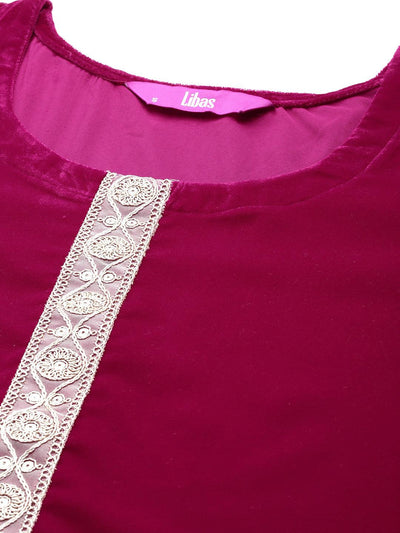 Pink Yoke Design Velvet Straight Kurta With Trousers & Dupatta - Libas