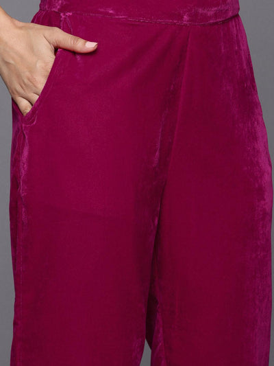 Pink Yoke Design Velvet Straight Kurta With Trousers & Dupatta - Libas