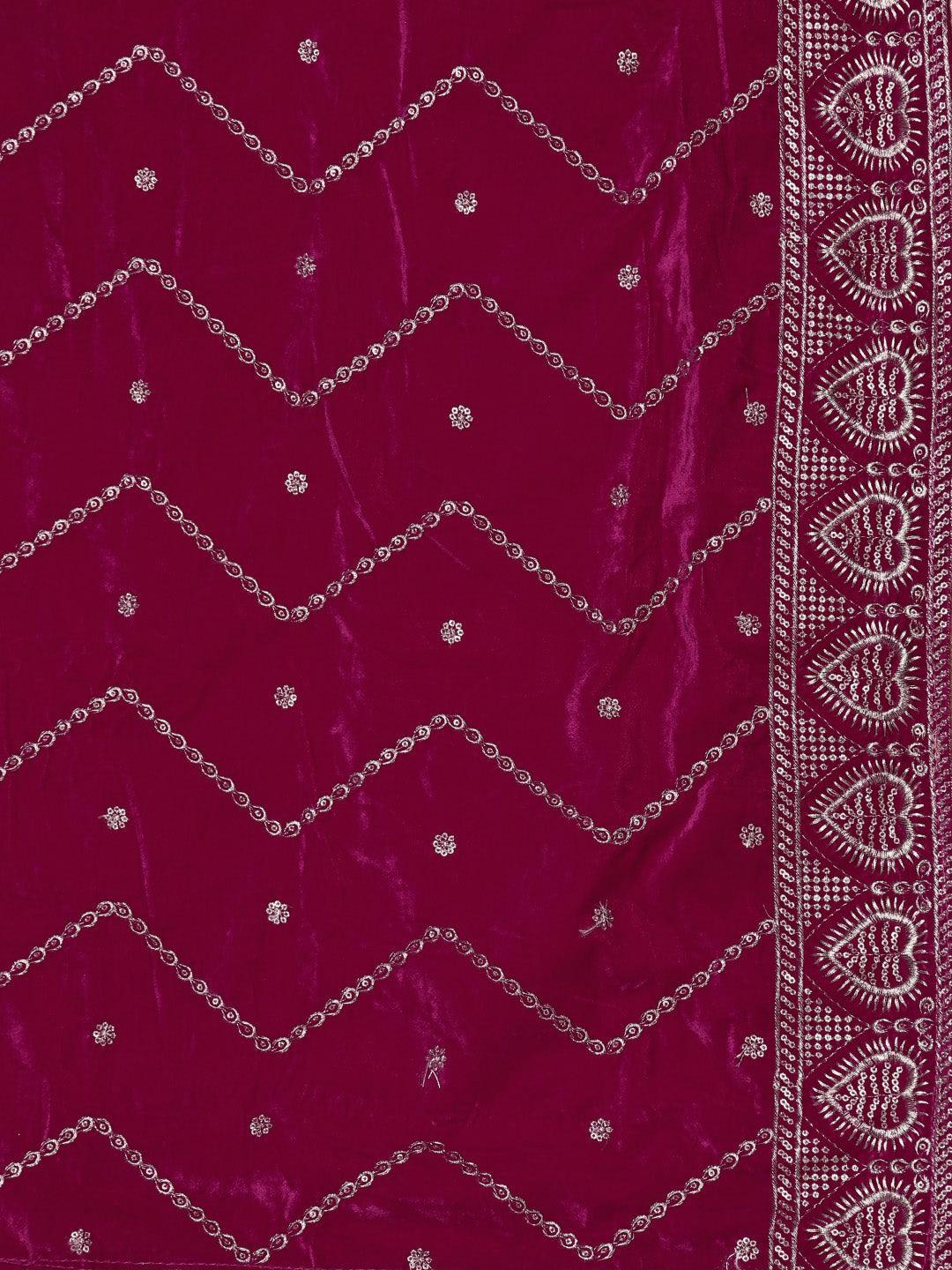 Pink Yoke Design Velvet Straight Suit With Dupatta