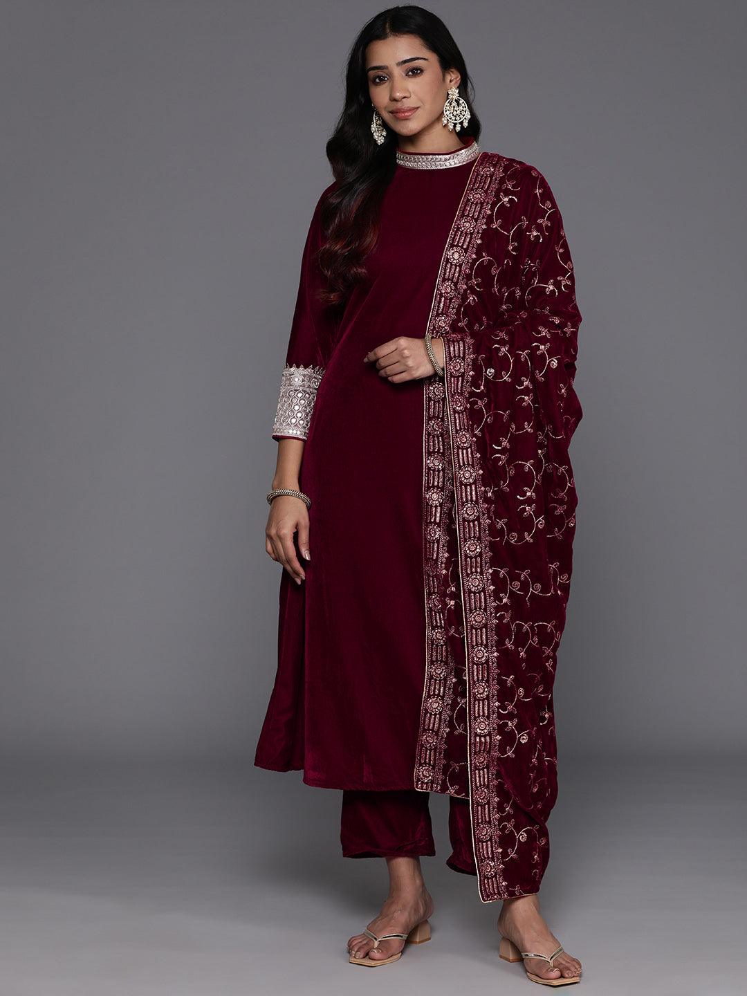 Maroon Embroidered Velvet A-Line Kurta With Trousers & Dupatta