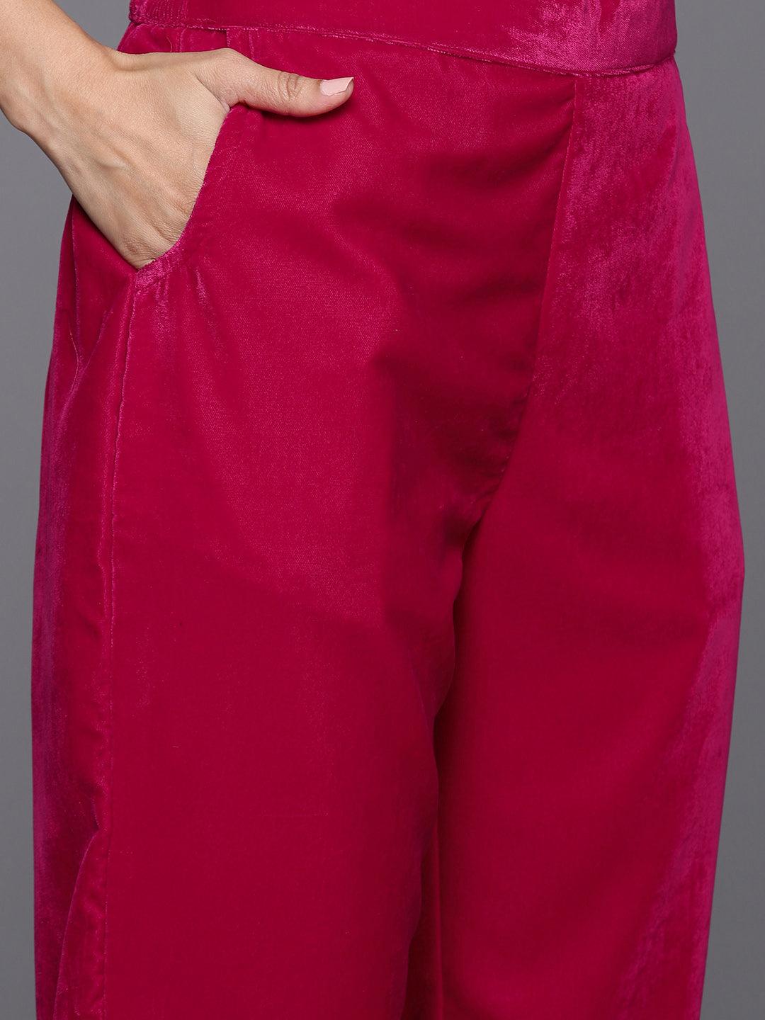 Pink Solid Velvet A-Line Kurta With Trousers & Dupatta - Libas