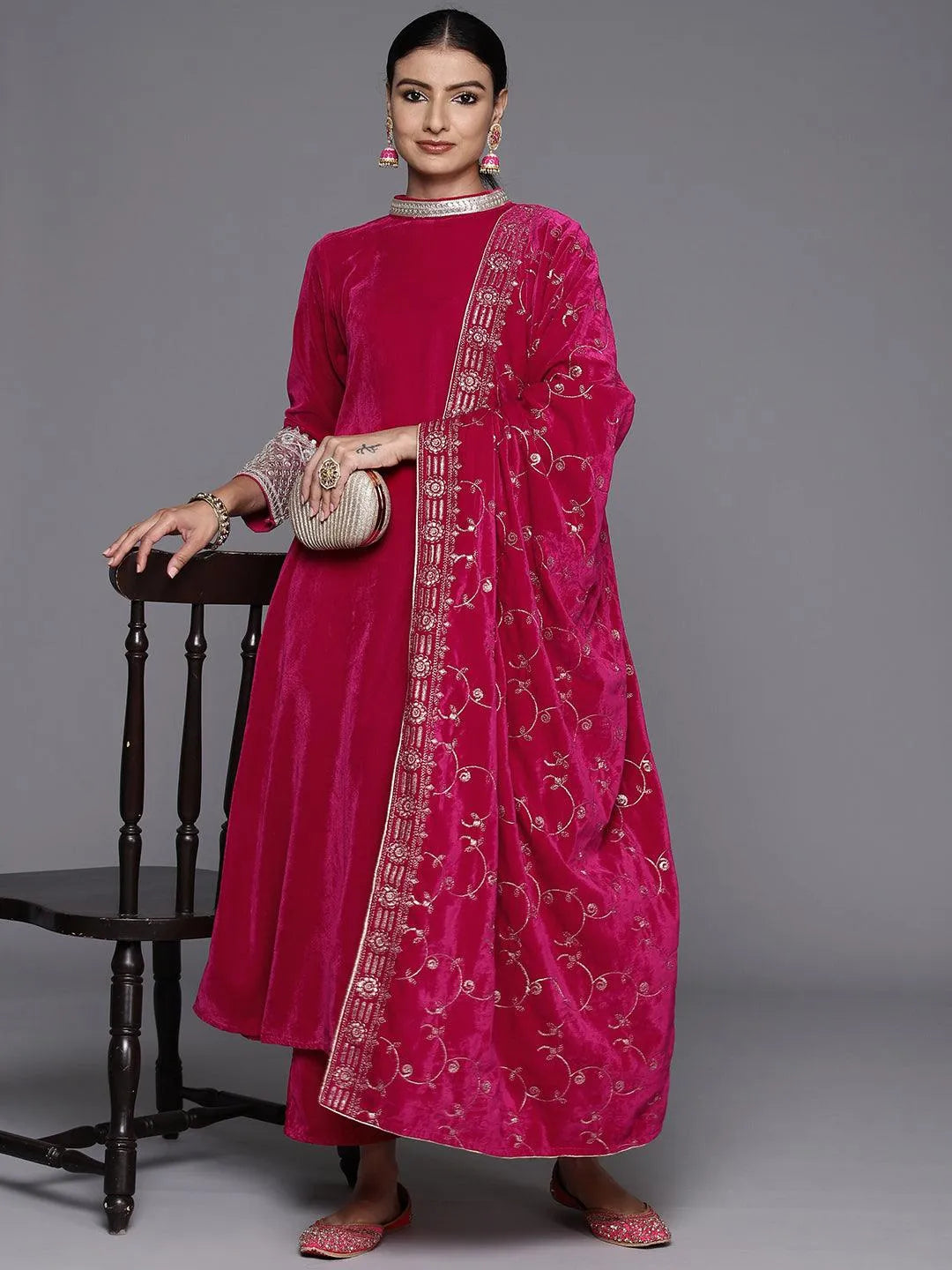 Pink Solid Velvet A-Line Kurta With Trousers & Dupatta - Libas 