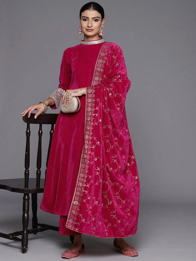 Pink Solid Velvet A-Line Kurta With Trousers & Dupatta - Libas