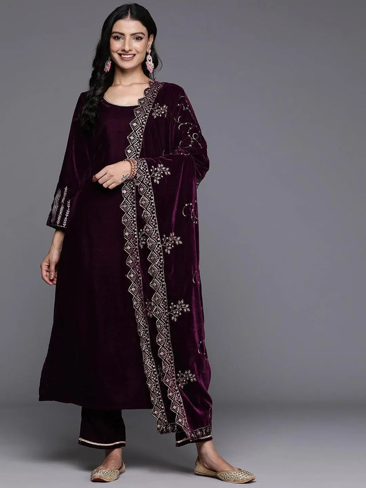 Wine Solid Velvet Straight Suit With Dupatta - Libas