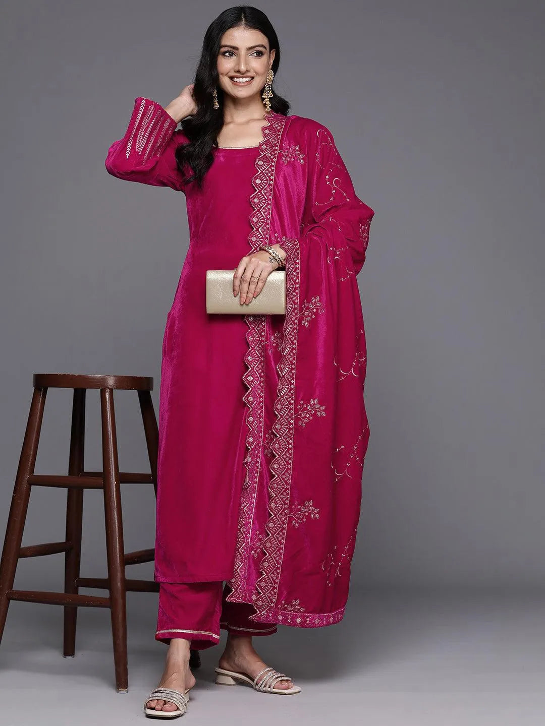 Pink Solid Velvet Straight Suit With Dupatta - Libas 
