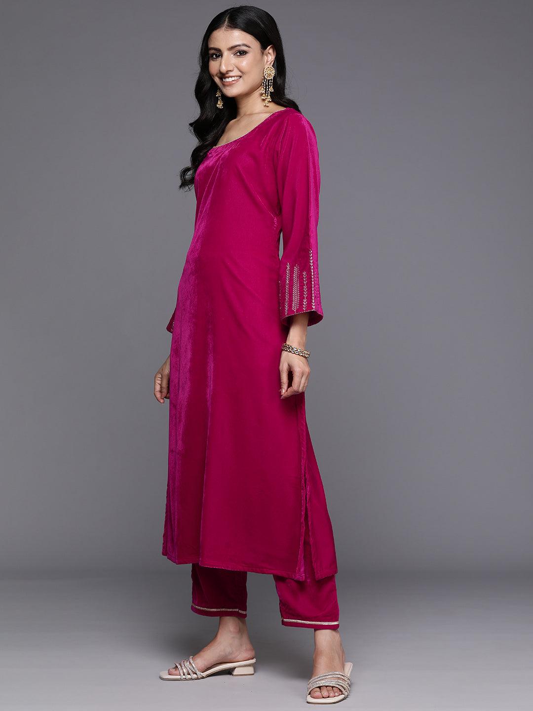 Pink Solid Velvet Straight Suit With Dupatta