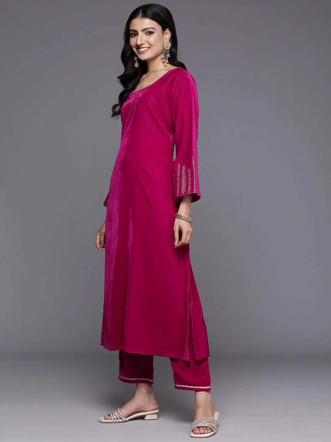 Pink Solid Velvet Straight Suit With Dupatta - Libas 