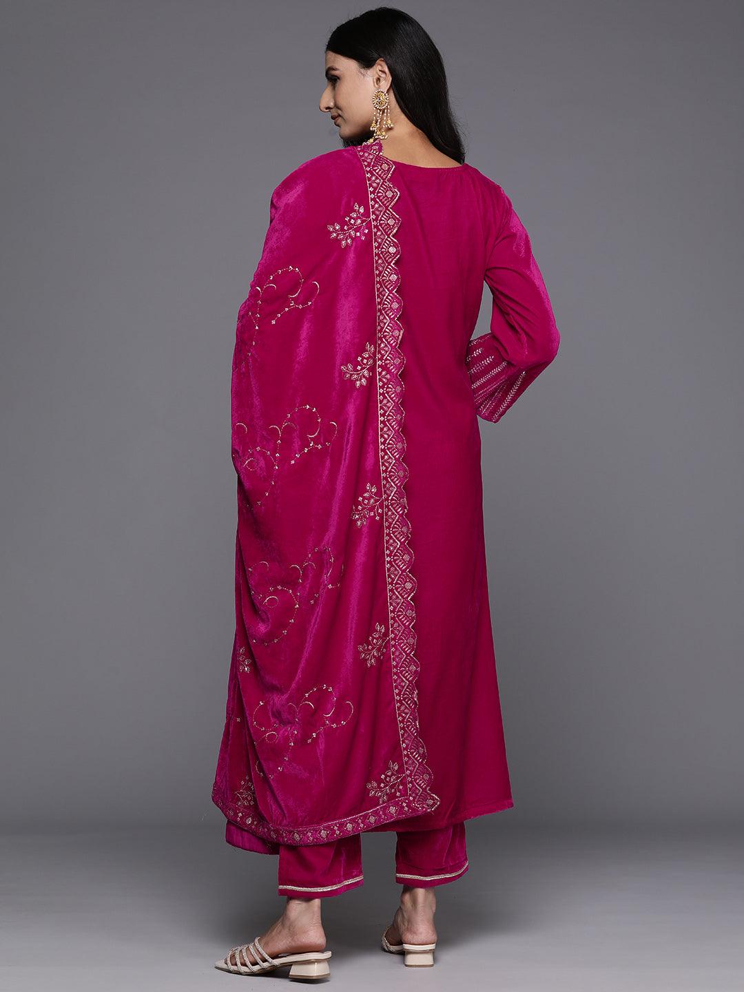 Pink Solid Velvet Straight Suit With Dupatta