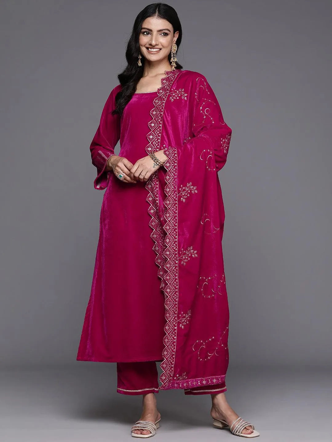 Pink Solid Velvet Straight Suit With Dupatta - Libas 
