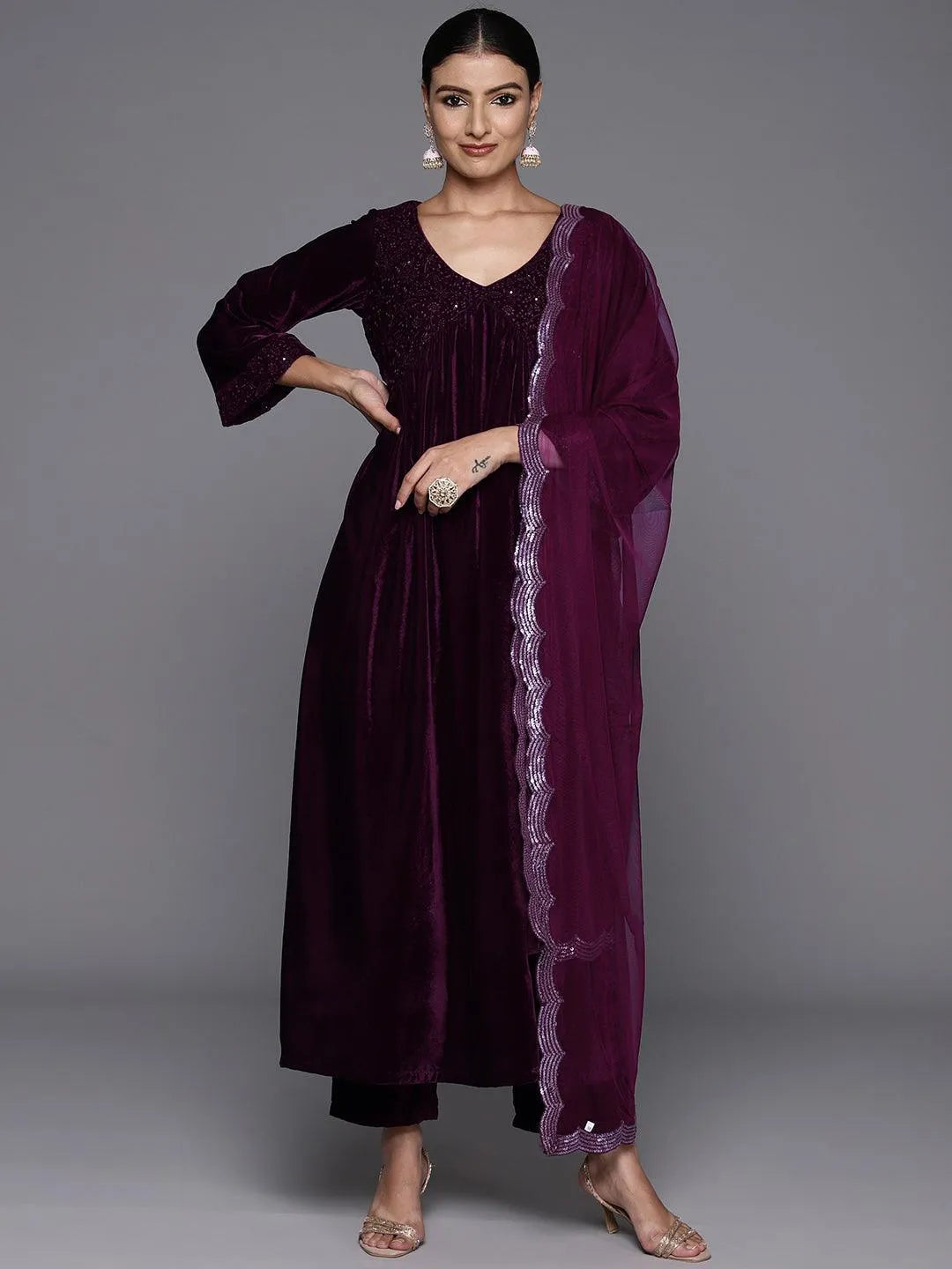  Wine Embroidered Velvet A-Line Kurta With Trousers & Dupatta 
