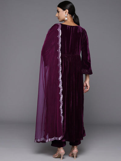 Wine Embroidered Velvet A-Line Kurta With Trousers & Dupatta - Libas
