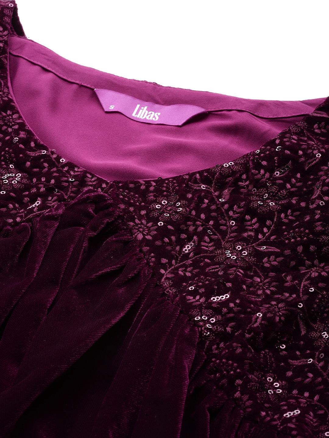 Wine Embroidered Velvet A-Line Kurta With Trousers & Dupatta - Libas