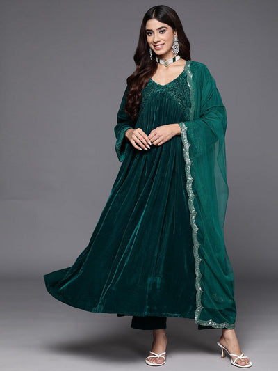 Green Embroidered Velvet A-Line Kurta With Trousers & Dupatta - Libas