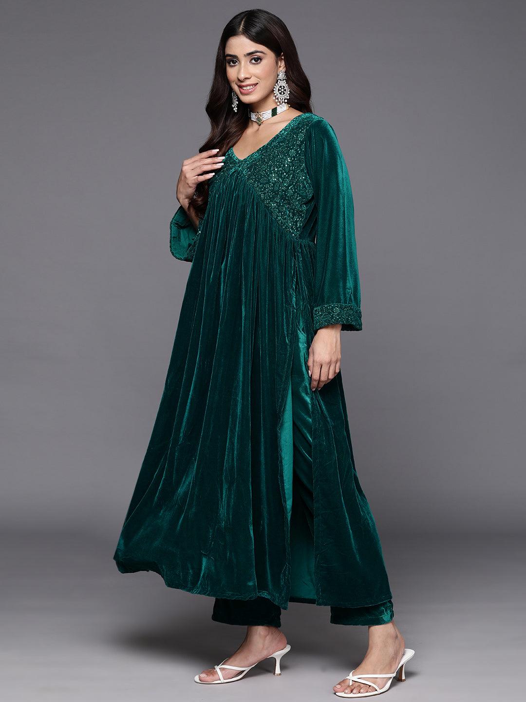 Green Embroidered Velvet A-Line Kurta With Trousers & Dupatta - Libas