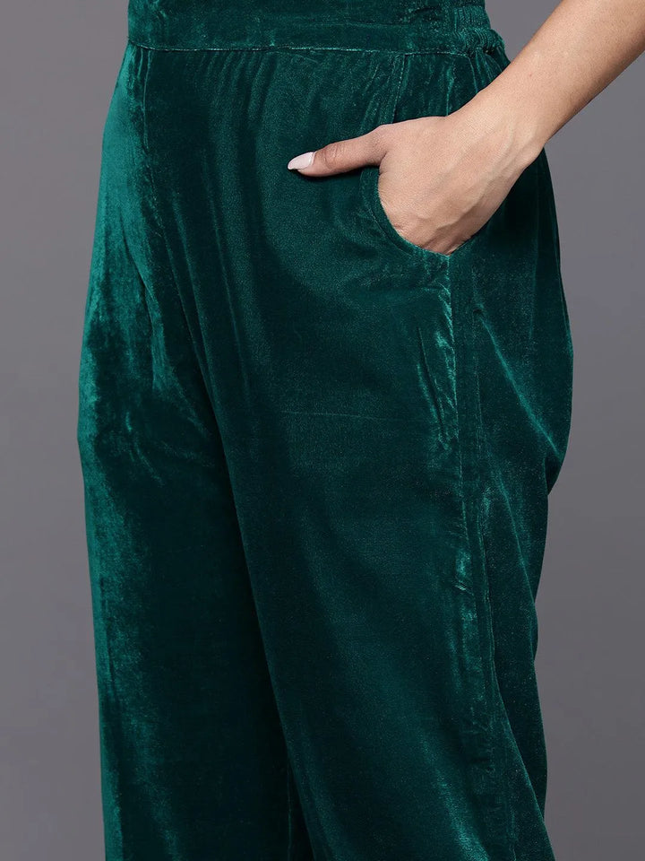 Green Embroidered Velvet A-Line Kurta With Trousers & Dupatta - Libas