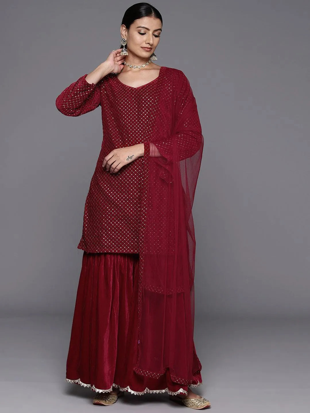 Maroon Embroidered Velvet Straight Kurta With Sharara & Dupatta - Libas 