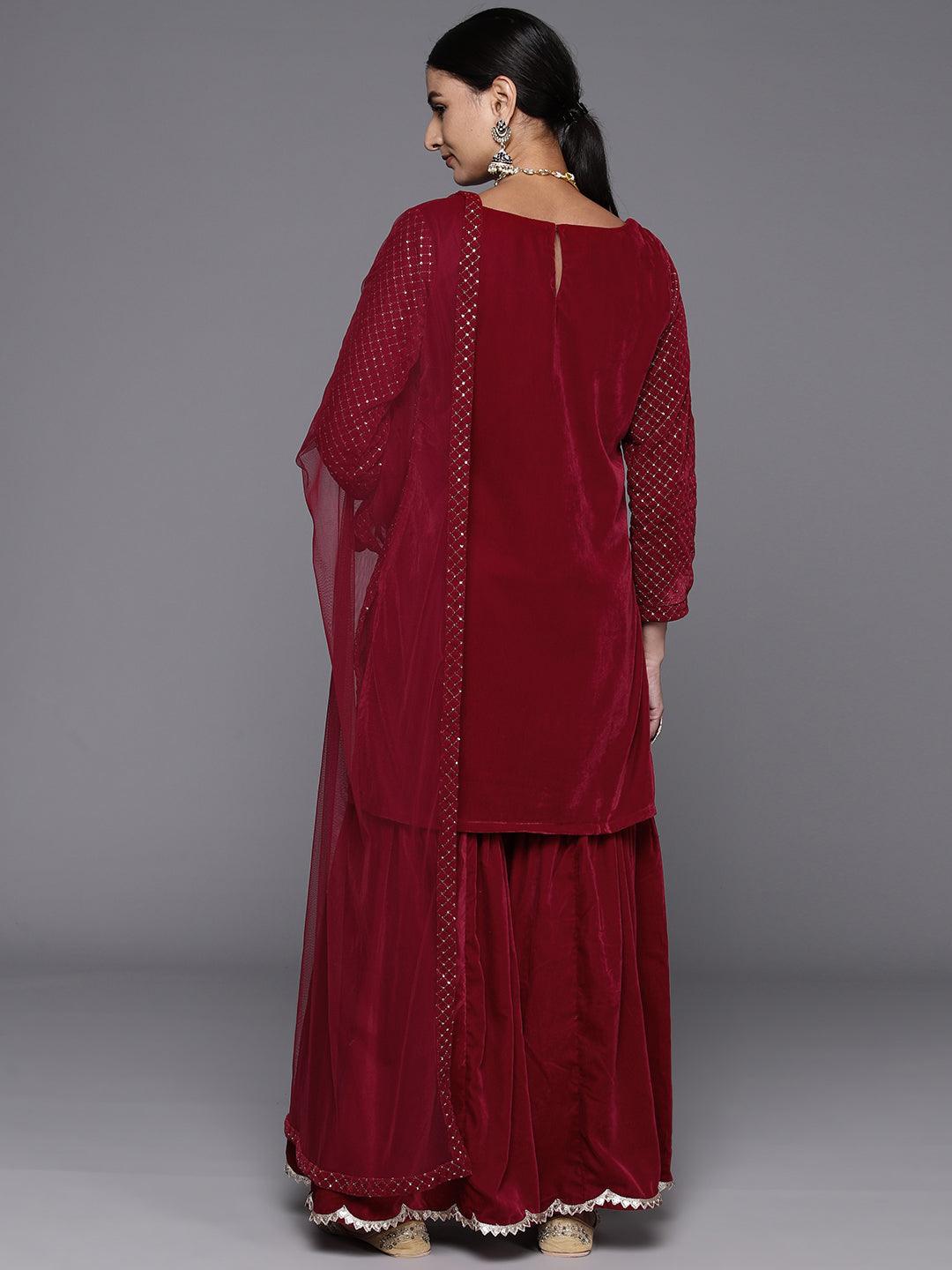 Maroon Embroidered Velvet Straight Suit With Dupatta