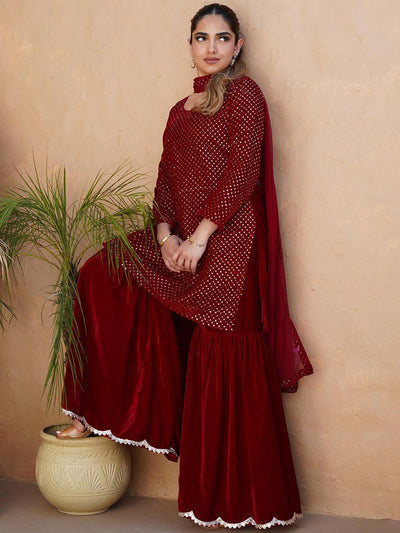 Maroon Embroidered Velvet Straight Suit With Dupatta - Libas