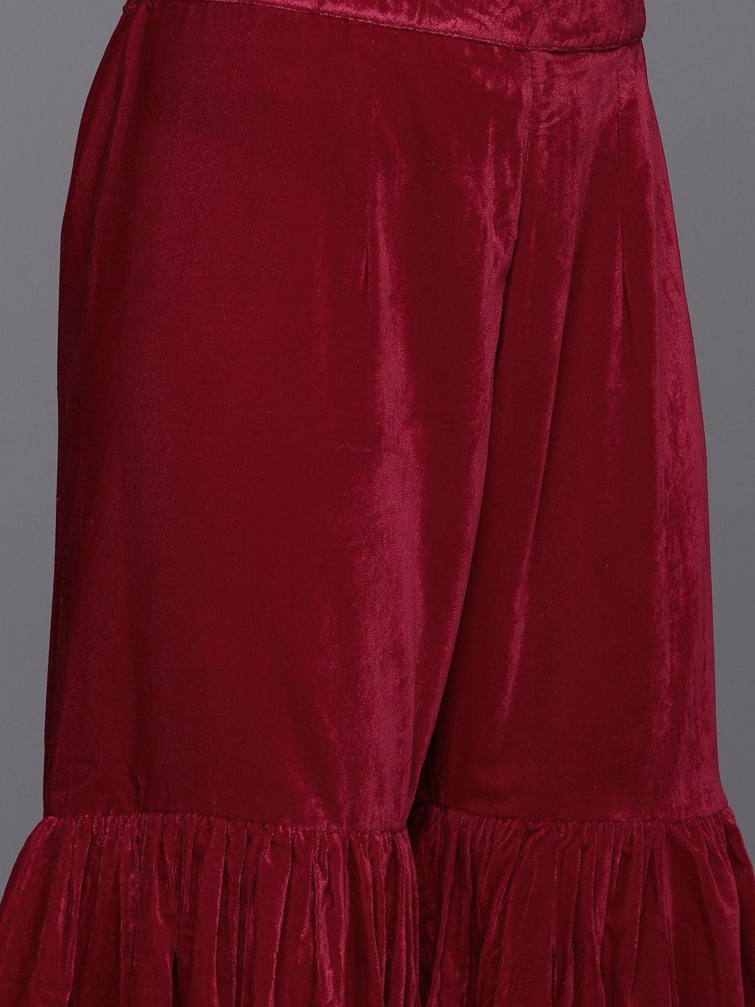 Maroon Embroidered Velvet Straight Suit With Dupatta