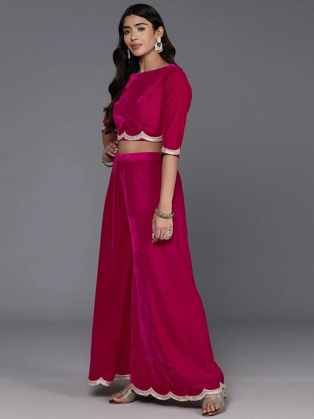 Pink Solid Velvet Co-Ords - Libas