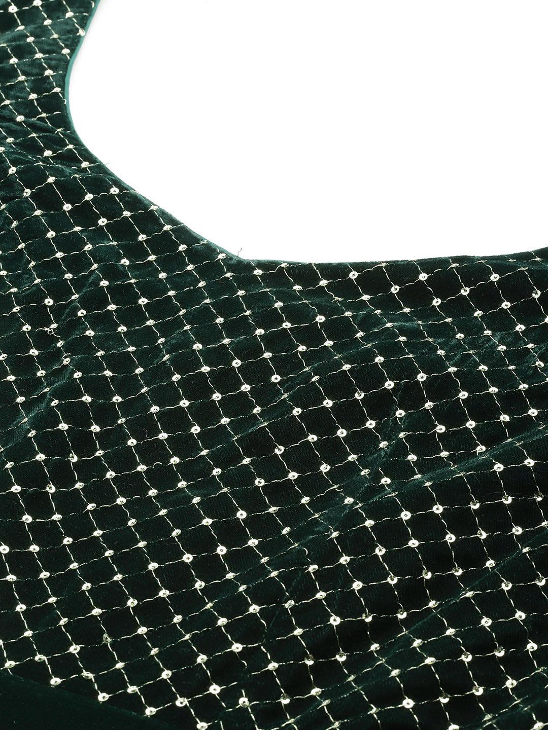 Green Embroidered Velvet Anarkali Kurta With Trousers & Dupatta - Libas