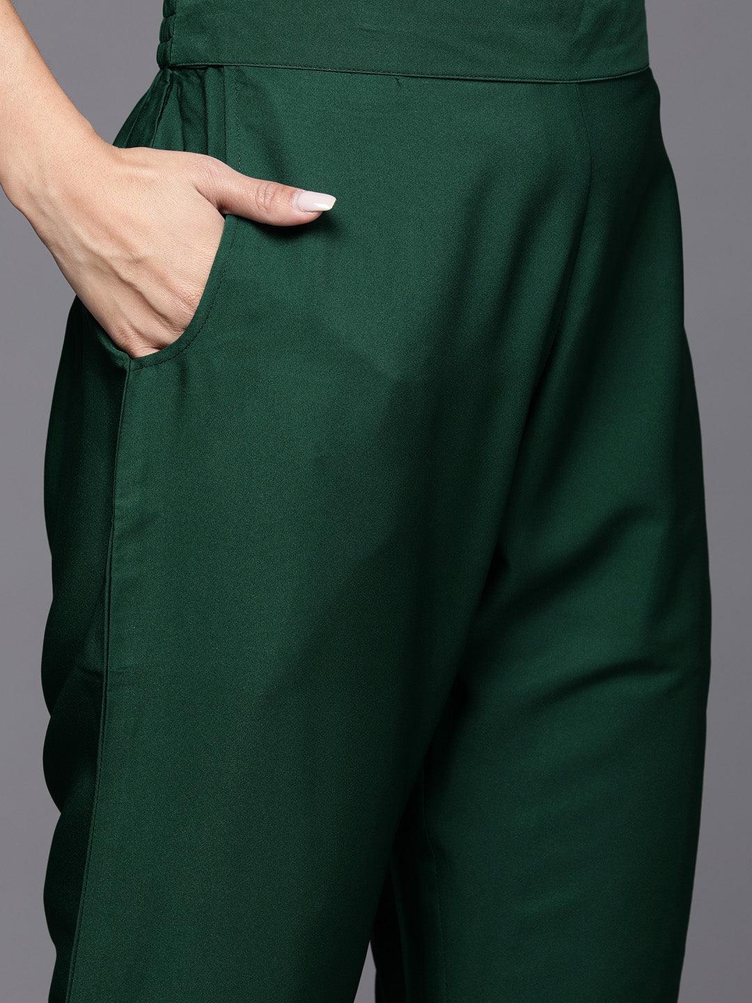 Green Embroidered Velvet Anarkali Kurta With Trousers & Dupatta - Libas