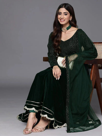 Green Embroidered Velvet Anarkali Kurta With Trousers & Dupatta - Libas