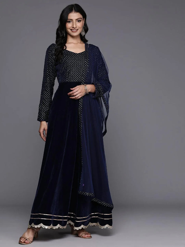 Libas Blue Embroidered Velvet Anarkali Suit With Dupatta