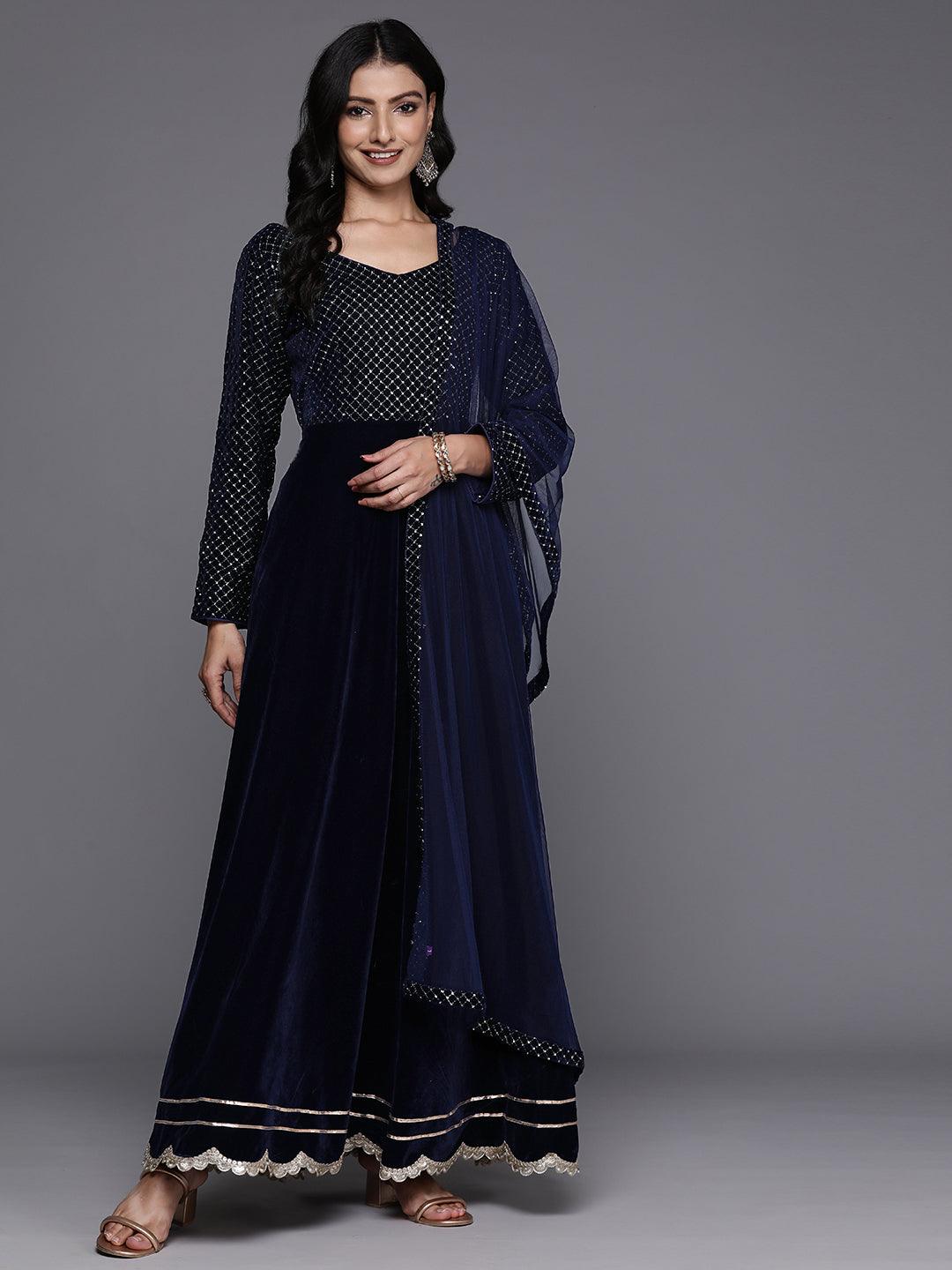 Blue Embroidered Velvet Anarkali Suit With Dupatta - Libas