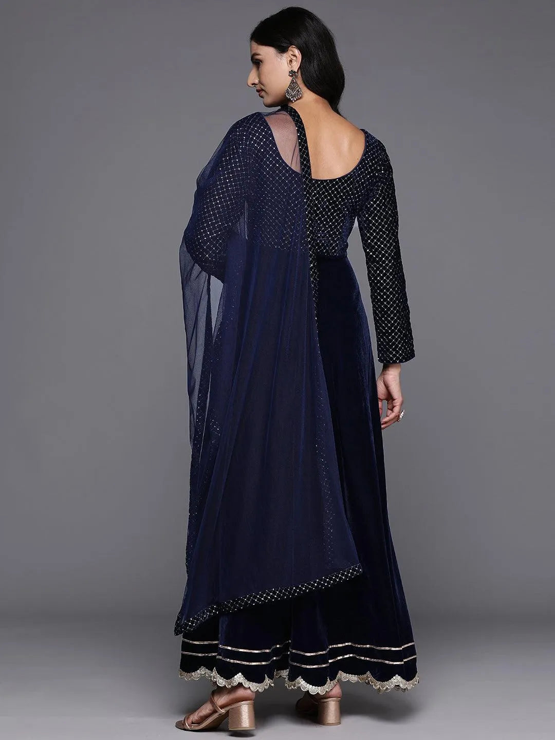 Blue Embroidered Velvet Anarkali Suit With Dupatta - Libas