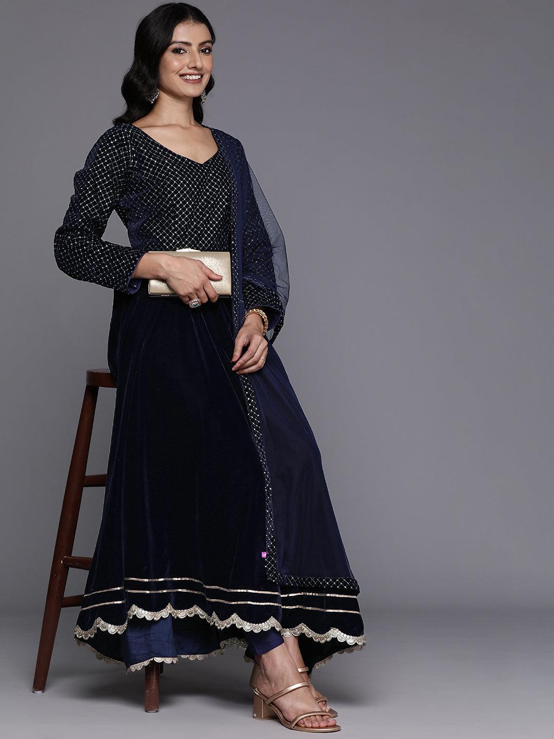 Blue Embroidered Velvet Anarkali Suit With Dupatta