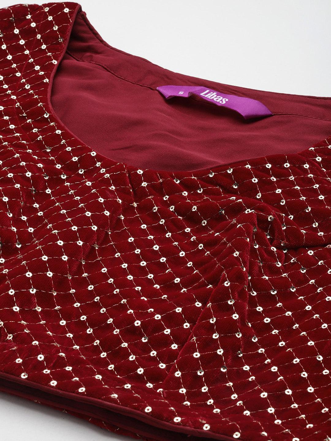 Maroon Embellished Polyester Co-Ords