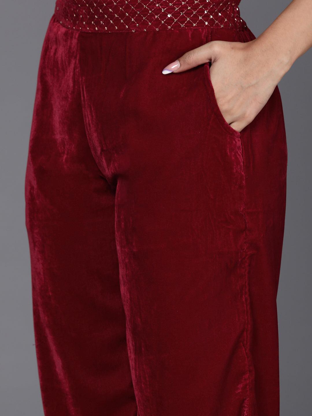 Maroon Embellished Polyester Co-Ords - Libas