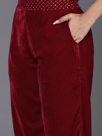 Maroon Embellished Polyester Co-Ords - Libas