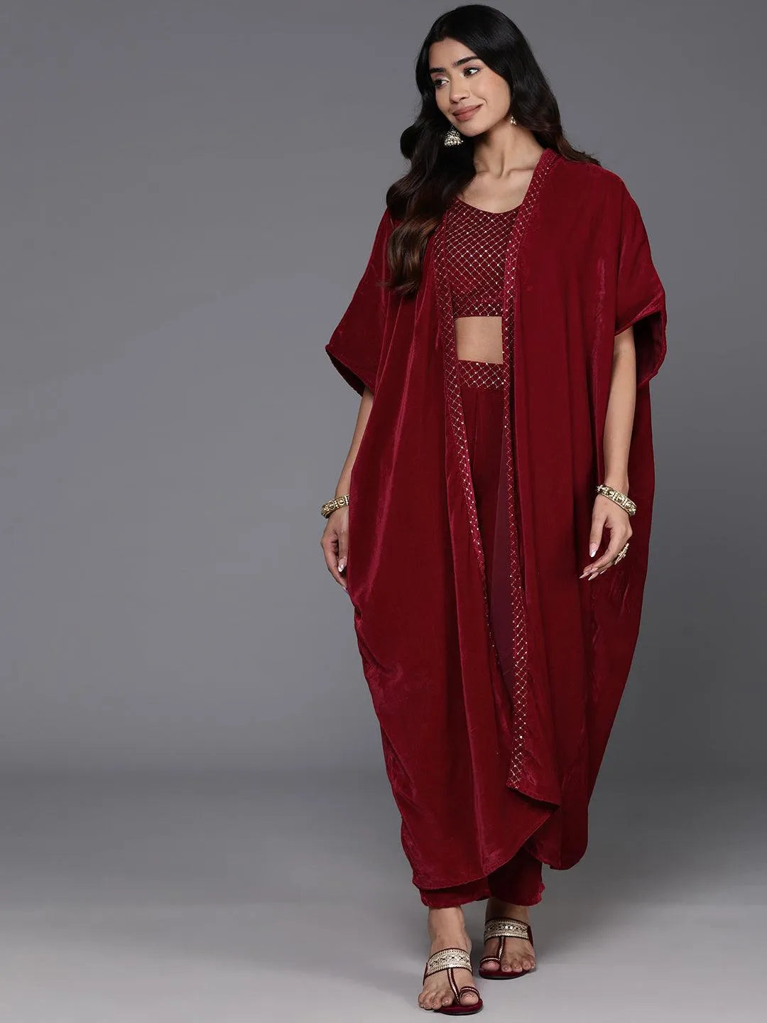 Maroon Embellished Polyester Co-Ords-image-14