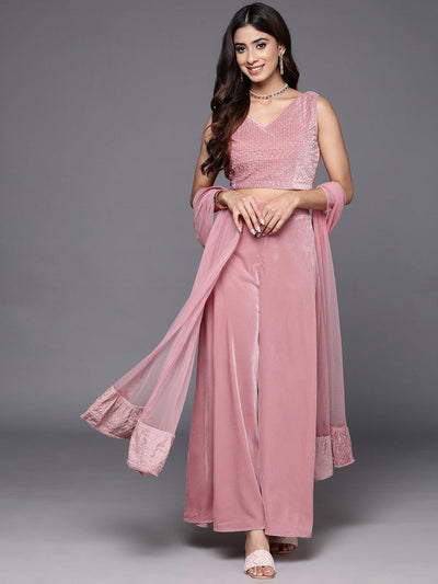 Pink Embellished Polyester Top With Palazzos & Dupatta - Libas