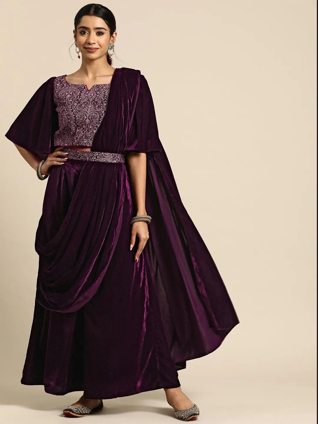 libas Wine Embroidered Velvet Saree-picture-44