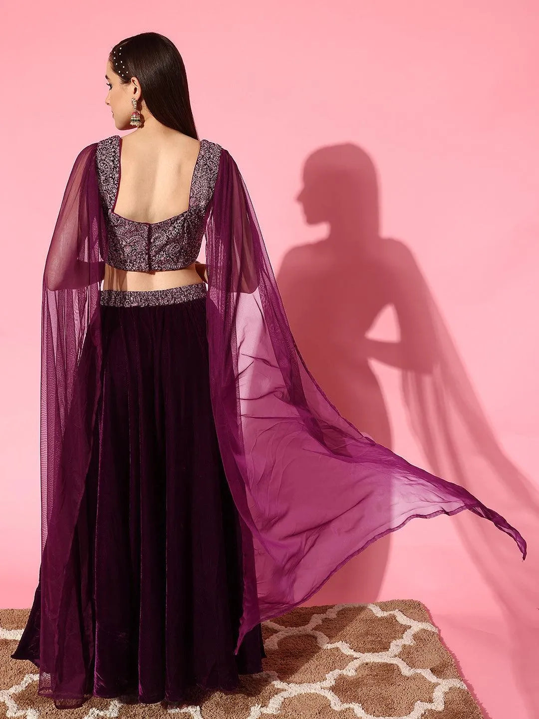 Wine Embroidered Velvet Lehenga Set - Libas