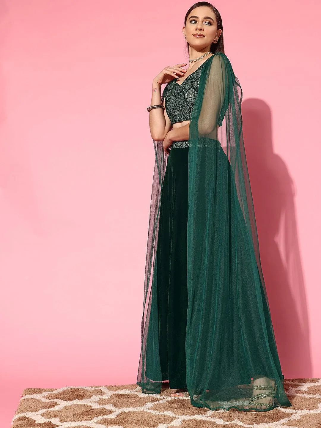 Green Embroidered Velvet Lehenga Set - Libas 