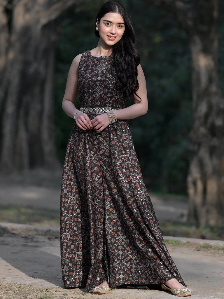 Libas Blue Printed Silk Blend Jumpsuit With Belt