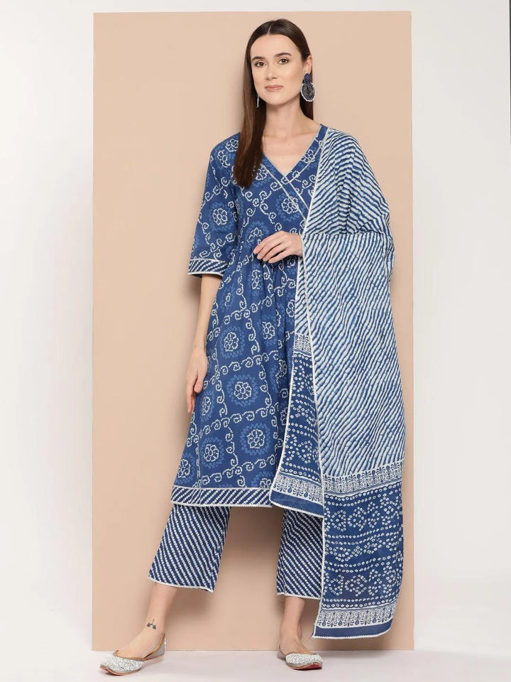 Blue Printed Cotton A-Line Straight Kurta With Trousers & Dupatta - Libas