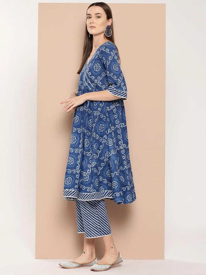 Blue Printed Cotton A-Line Straight Kurta With Trousers & Dupatta - Libas